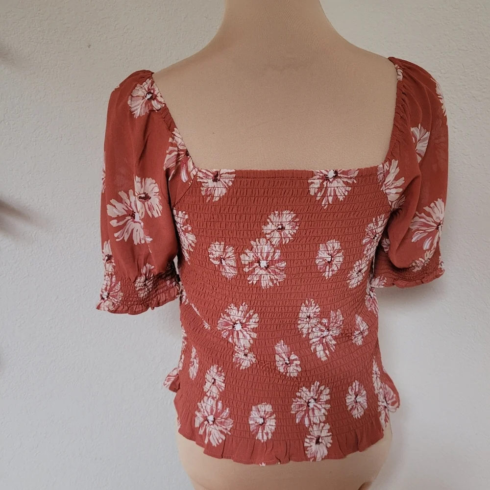Madewell Floral Smocked Square Neck Top - Rust